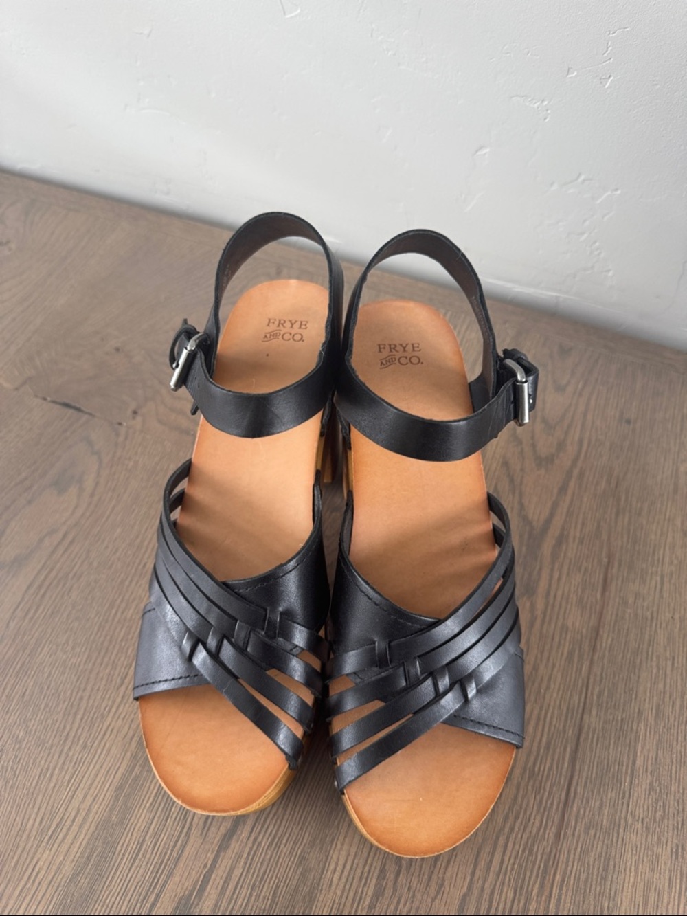 Frye Black Leather Wedge Sandals with Woven Straps